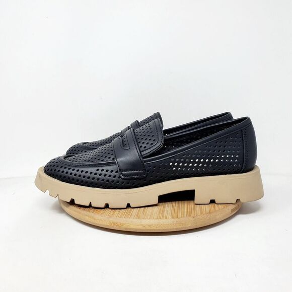 Dolce Vita Chunky Loafer Women 9 Black Leather Perforated Platform Lug Sole Shoe - Picture 1 of 12